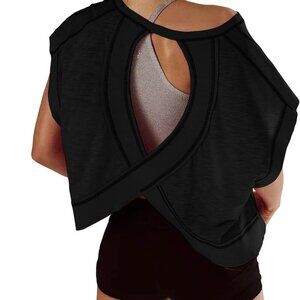 Women Short Sleeve Workout Shirts Open Back Tops Casual Yoga Y2k Athletic Gym Sl